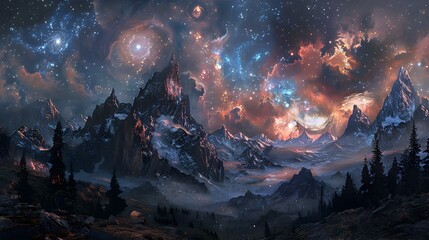 Enchanting Celestial Landscape with Glowing Aurora and Majestic Mountains in Vibrant Fantasy World