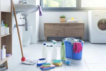 Cleaning supplies in the bathroom