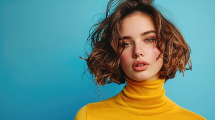 Portrait of a beautiful woman with a wavy bob hairstyle wearing a yellow turtleneck isolated on a blue background,