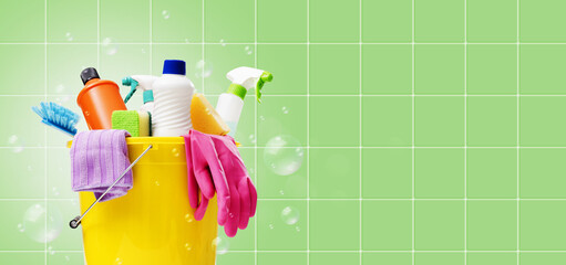 Cleaning supplies surrounded by bubbles