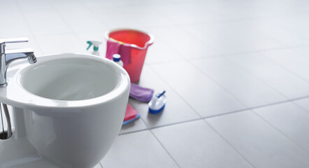 Assorted detergents and cleaning products in the bathroom