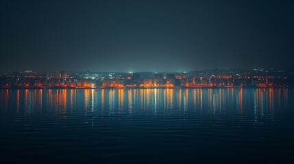 Cityscape at night with reflections in water under a dark sky