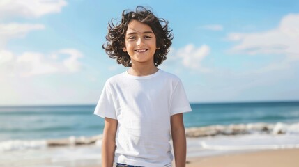A curly-haired boy is looking at the camera while smiling. A curly-haired boy standing in his plain white t-shirt.