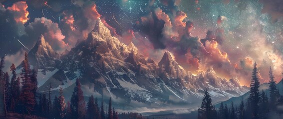 Majestic Snow Capped Mountains Surrounded by Vibrant Clouds and Starry Skies