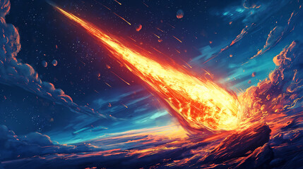 Meteorites break through the clouds at high speed and crash into the ground , meteorite hit the other planet
