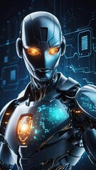 Artificial intelligence bitcoin robot, crypto currency, cyber security, financial futuristic digital technology concept image.