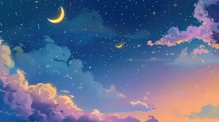 The beautiful night sky with shining stars and crescent moon.