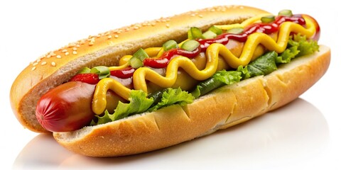 Delicious hot dog with mustard, ketchup and pickles, isolated on a white background 