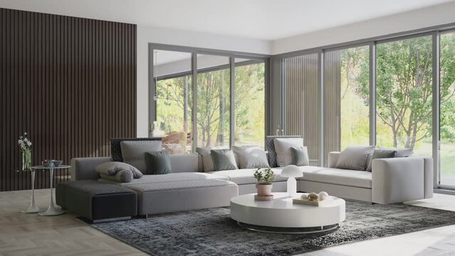3d video rendering footage contemporary interior design of the living room. Stylish interior of the living room