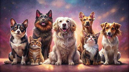 Dogs and cats of various breeds sitting in a row for a portrait against a pink backdrop at an animal shelter