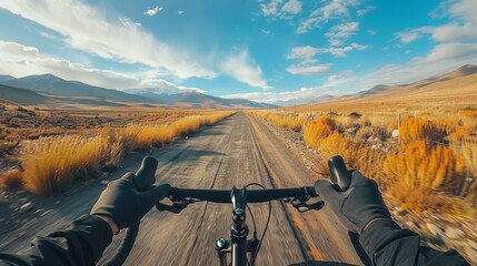A man is riding a bike down a road with mountains in the background