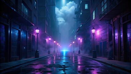 Empty dark street with neon lights and smoke, creating a mysterious atmosphere