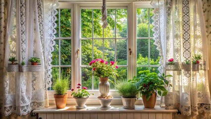 Elegant summer window with lace curtains and potted plants 