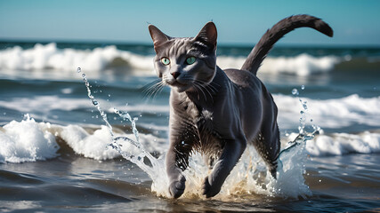 See the adorable russian blue cat or kitten splashy adventure in the sea. This cute kitten feline's antics are sure to melt your heart.
