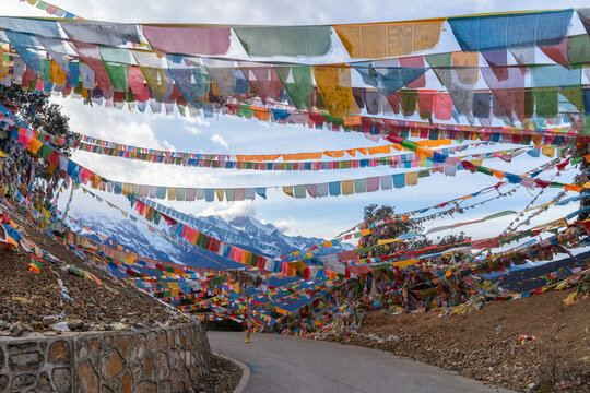 Landscape of Mountaind Road with Prayer Flags in Yunnan,  China