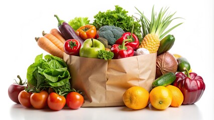 Fresh fruits and vegetables in a paper bag on a white background, perfect for a healthy food concept 