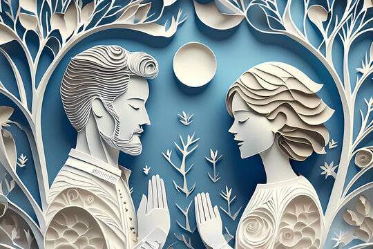 Couple praying together illustration, paper cut style,  religious people, faith, meditation, miracles, christian