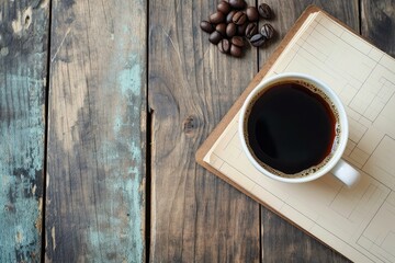 Cup of black coffee on a notepad with coffee beans, on a weathered wooden table - Powered by Adobe