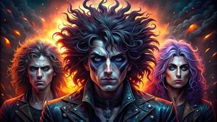 Glam rock band portrait with big hair and heavy makeup 