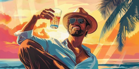 A man on a tropical island sits on the sandy beach and holding a glass of rum or whiskey in his hand. Mockup of summer advertising banner of alcoholic and non-alcoholic drinks.