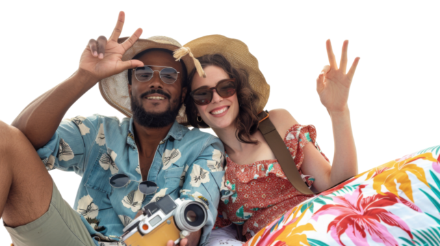 Two diverse friends on a beach vacation with vintage camera, beach bag, and travel pillow, summer concept, on white background, 