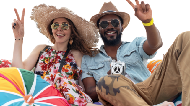 Two diverse friends on a beach vacation with vintage camera, beach bag, and travel pillow, summer concept, on white background, 