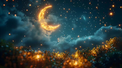 A night sky filled with vibrant stars and a glowing crescent moon, illuminated by gentle lights,...
