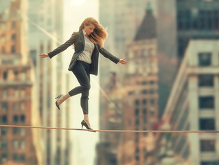 A woman in a business suit walks along a rope stretched between two buildings. A businesswoman is a tightrope walker. Concept of calm and balance at work.