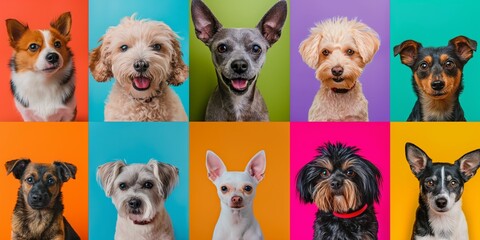 Collage of dogs portraits in bright multi-colored frames. Small dog breeds on a bright colorful background.