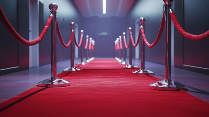 Exclusive Red Carpet Premiere Hallway with Ropes and Barriers for Celebrity Event - Luxurious and Lavish Entrance to a Prestigious Hollywood World Premiere or Awards Ceremony