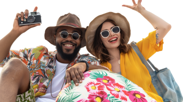 Two diverse friends on a beach vacation with vintage camera, beach bag, and travel pillow, summer concept, on white background, 