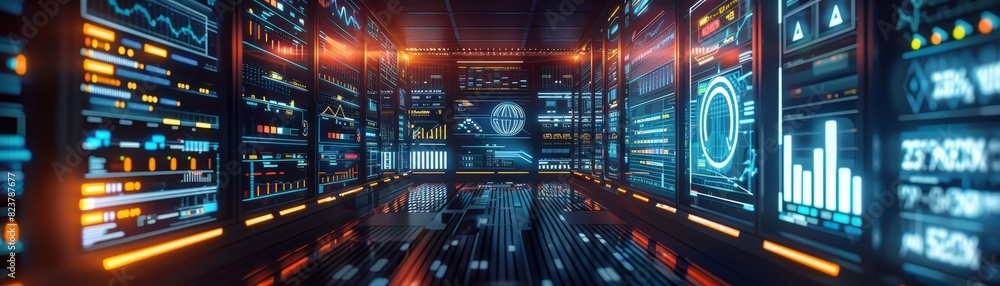 Poster futuristic data center interior with glowing screens displaying analytics and information in a high-
