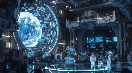 Scientists in a high-tech lab on a space station analyze data from advanced equipment and digital screens. The facility features a large spherical display of a planet and various laboratory