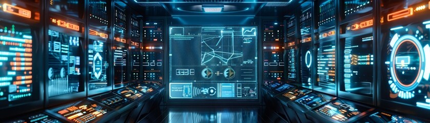 Futuristic control room filled with advanced technology, holographic displays, and complex digital interfaces. High-tech command center.
