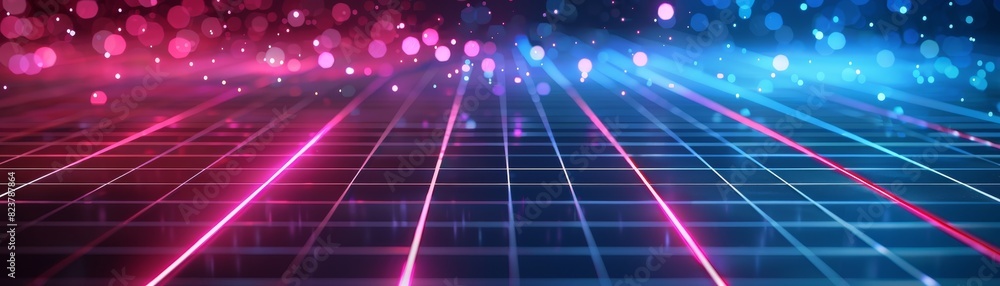 Aufkleber futuristic glowing neon grid with vibrant pink and blue lights, creating a cyberpunk and retro abstr