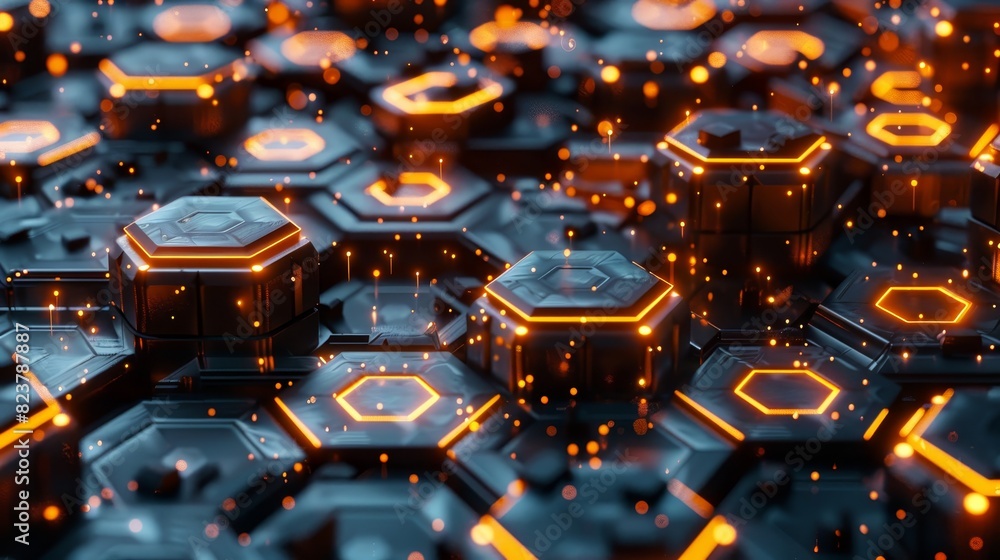 Poster futuristic hexagonal pattern with glowing orange highlights, representing advanced technology and di