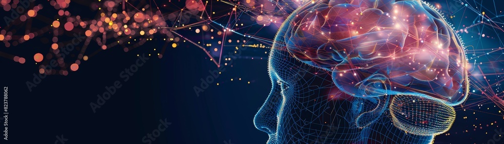 Poster futuristic visualization of the human brain with neural connections and networks, symbolizing intell