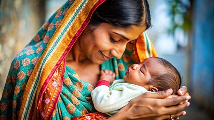 Indian mother gently holding her newborn baby 