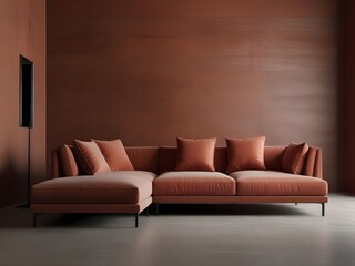 Red modular corner sofa against blank brown stucco