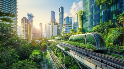 Fototapeta premium Futuristic urban landscape with eco-friendly transportation and green architecture, showcasing sustainable city living.