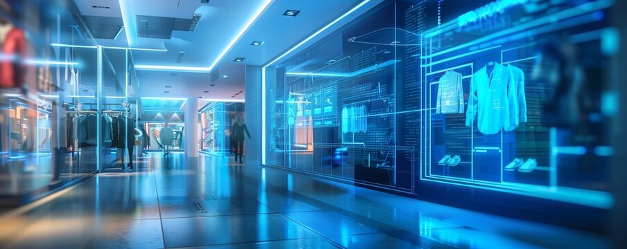 Futuristic shopping mall interior with digital displays showcasing fashion items under neon lights, illustrating advanced retail technology.