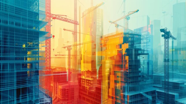 Color Illustration digital building construction engineering with double exposure abstract graphic design