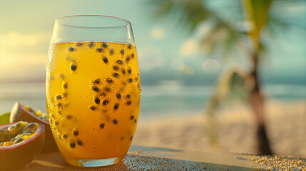 A glass of tropical passion fruit juice, with seeds floating in the golden liquid, on a beachside...