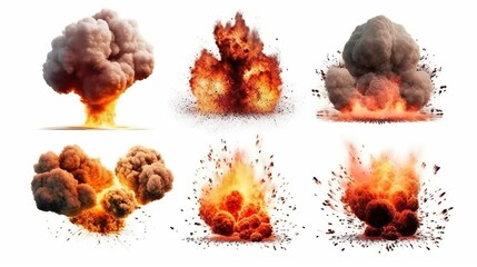 Abstract background with fiery explosions set. Glowing bomb explode throwing with dust clouds and sparks. Destruction burst with fire energy. Header illustration for banner design. Generative AI.