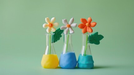 photo of three beakers with flowers made from plasticine in the laboratory on green background, minimalism, simple,