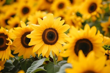 Fototapeta premium Close-up of a bright sunflower with a backdrop of a flourishing sunflower field