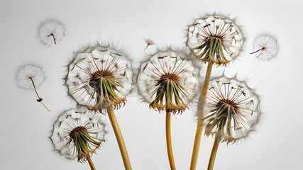 Obraz premium White fluffy airy dandelions on a white background, selective focus. nature illustration