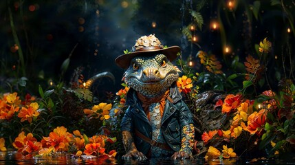 Adventurous lizard in a leather jacket and hat, surrounded by vibrant flowers and illuminated by fireflies in a dark forest.