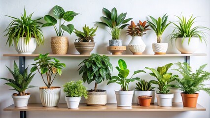 A collection of exotic houseplants in ceramic pots displayed on a white shelf against a white wall 