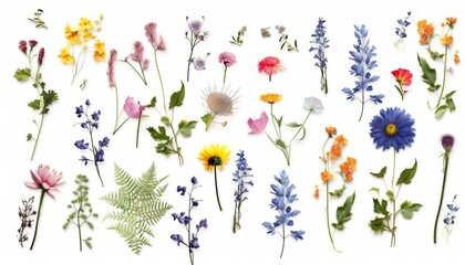 Abstract background with arrangement wildflowers and herbs. Blooming field and forest flowers, green leaves and ferns. Garden homeopathy plants. Header illustration for banner design. Generative AI.